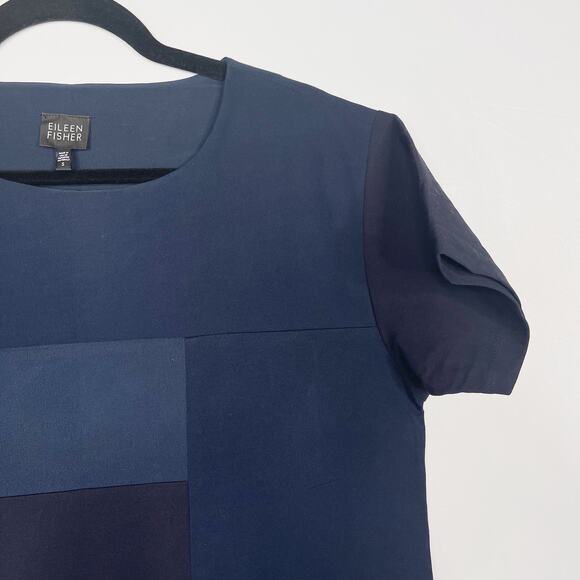 Eileen Fisher Small S Navy Blue Patchwork Short Sleeve Blouse Top Crew Neck Boxy - Picture 3 of 10